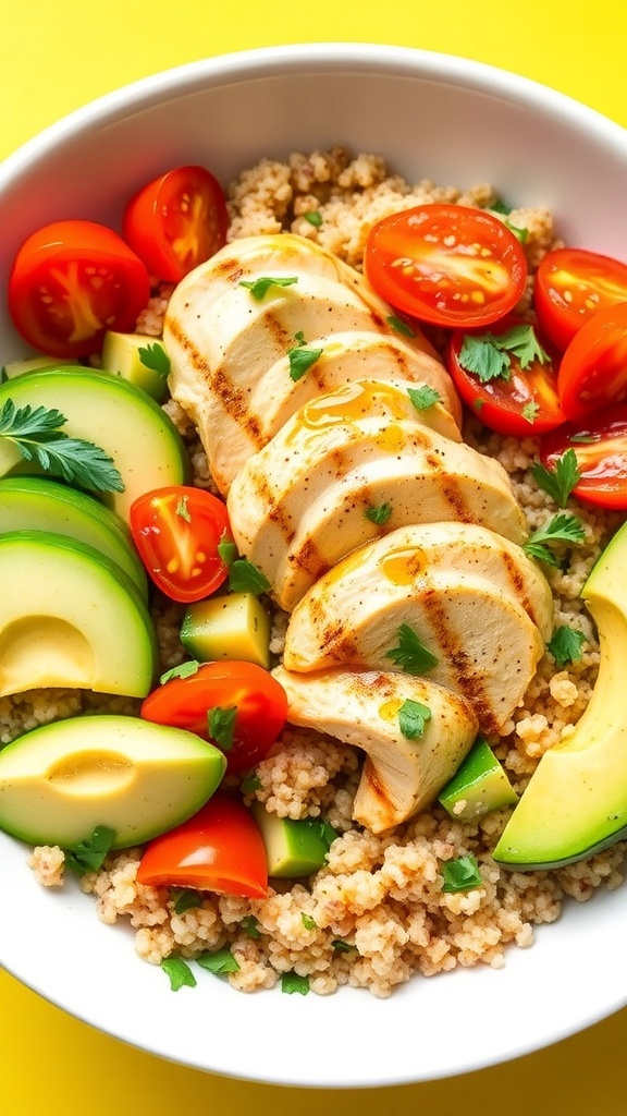 A colorful quinoa chicken bowl with grilled chicken, vegetables, and avocado, garnished with herbs.
